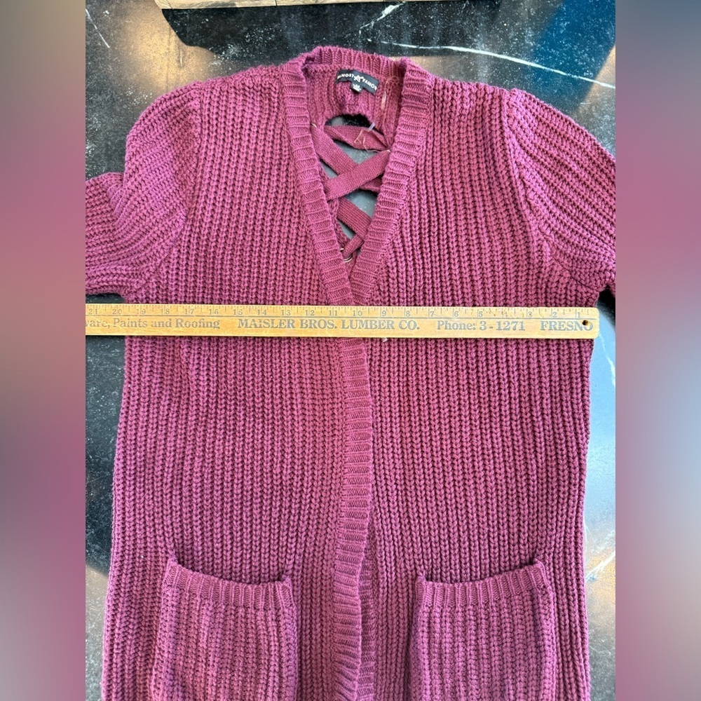 Almost Famous MEDIUM Burgundy Knit Cardigan Sweater With Back Lace Up Detail - Picture 5 of 8